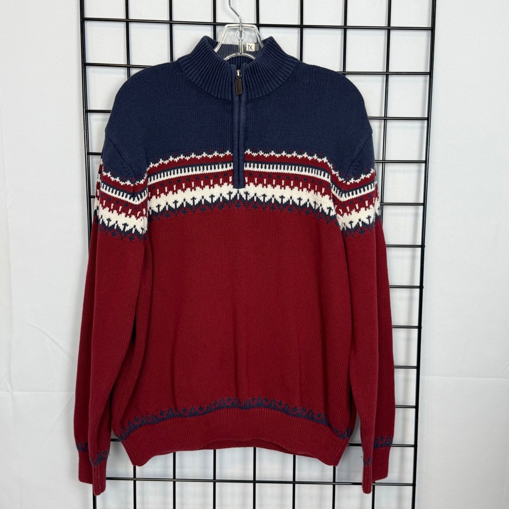 Izod Fair Isle 1/4 Zip Sweater Mens Medium Red Winter Ski Alpine Nordic READ
